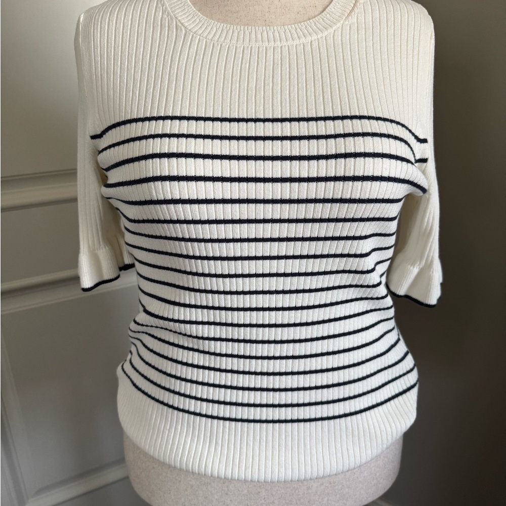 Striped Ribbed Knit Blouse - White and Black